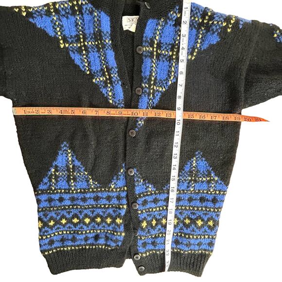 Vintage Plaid Wool Cardigan Sweater Medium 80s Womens Warm Blue Black Yellow - Picture 10 of 13